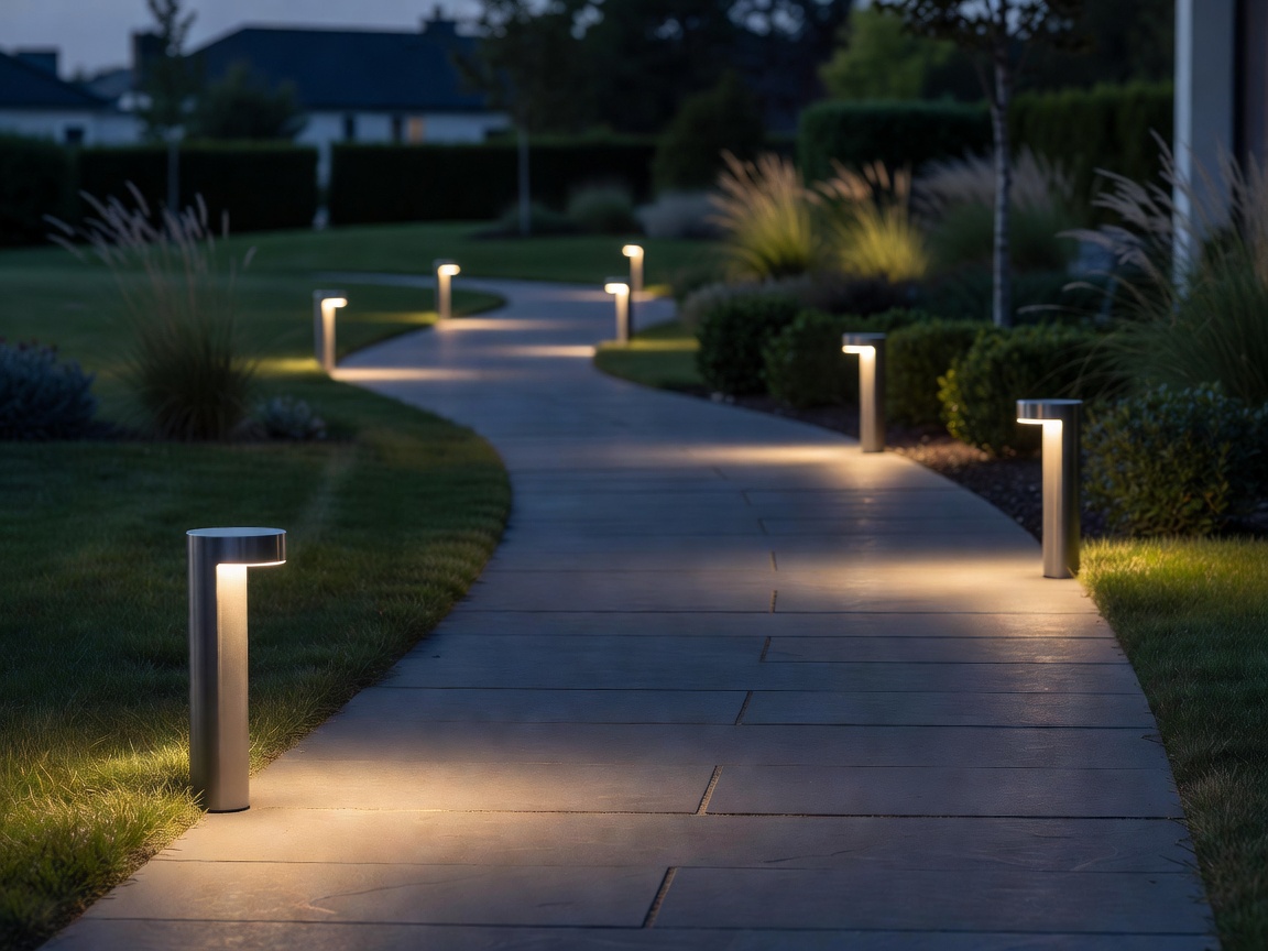 A beautifully lit residential walkway illuminated by low-profile smart bollard lights