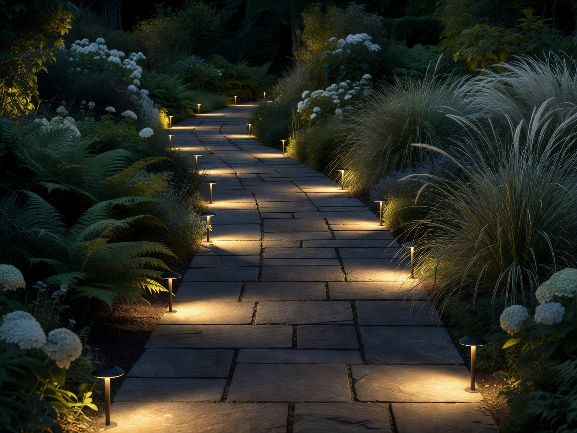 A well-lit garden pathway at night showing staggered low-voltage lights
