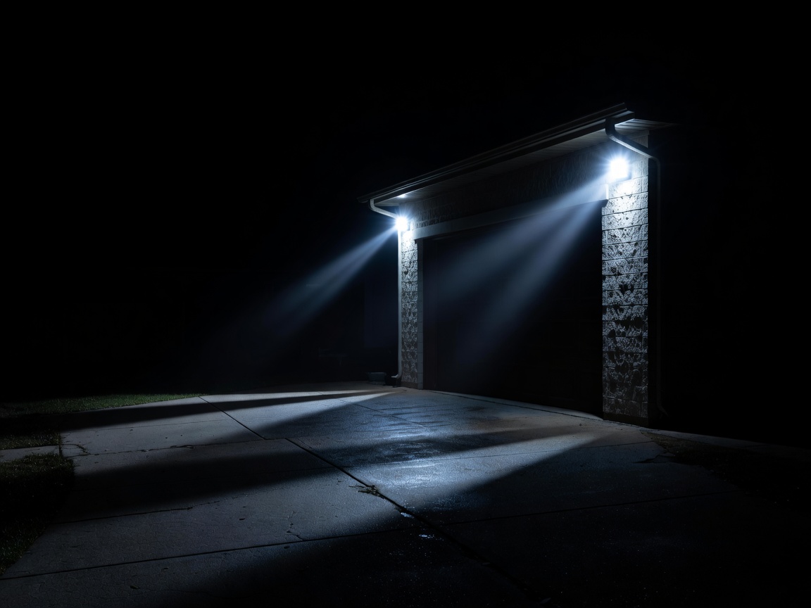 Bright floodlights illuminating a driveway and side house wall