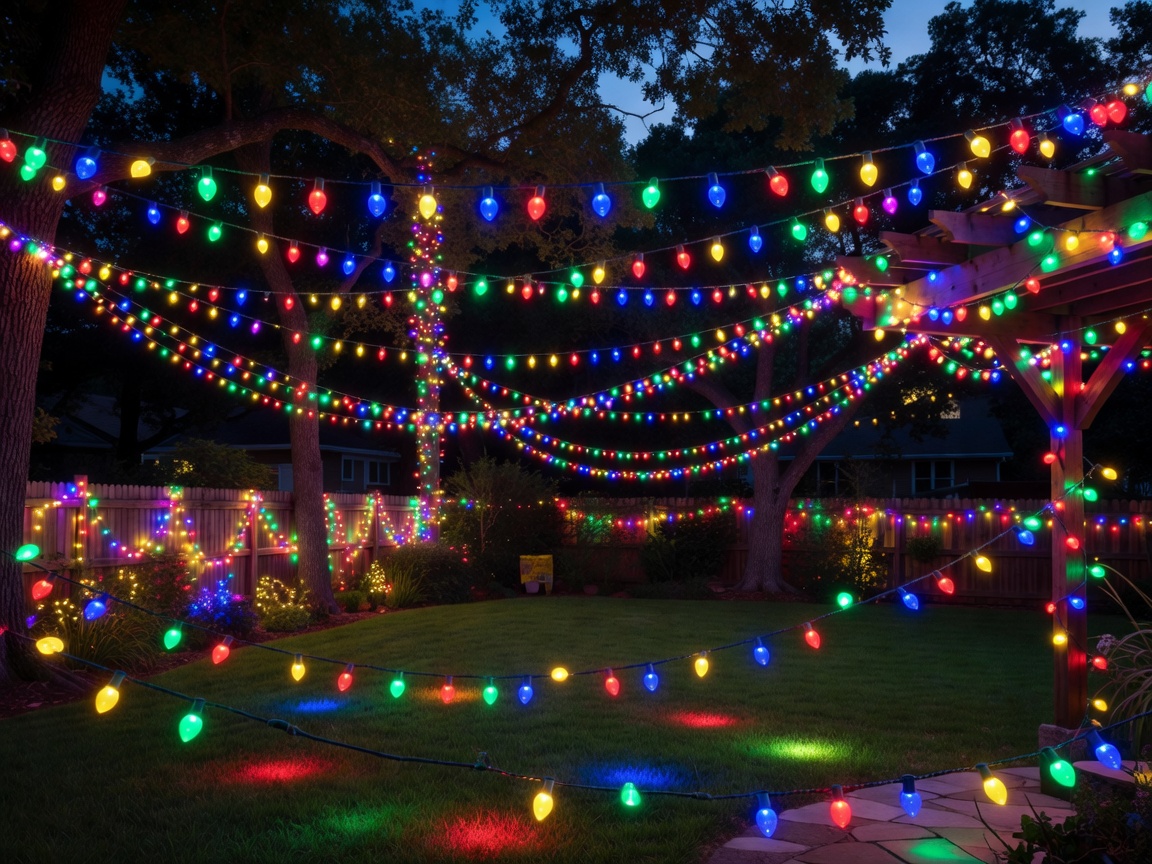 Colorful smart string lights glowing in a backyard setting