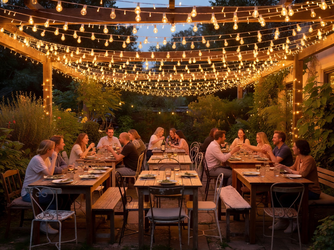 Festoon string lights suspended over an outdoor dining patio