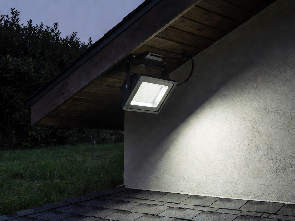 High output LED floodlight mounted to a residential eaves