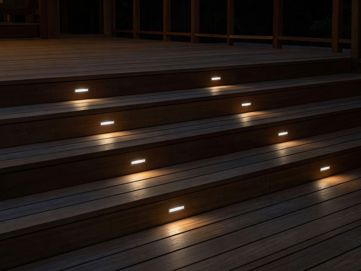 Low profile lights recessed into the risers of wooden deck stairs