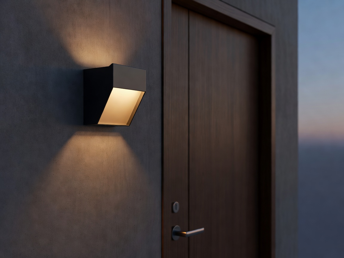 Modern exterior wall sconce emitting a warm glow next to a front door