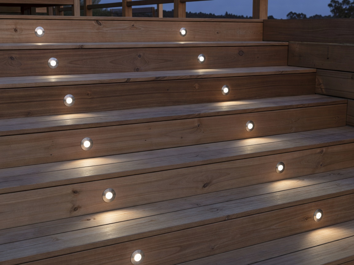 Recessed lighting installed cleanly into wooden decking stairs